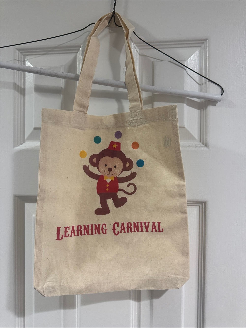 Kids Canvas Tote Bag - Beige with Red Monkey Design